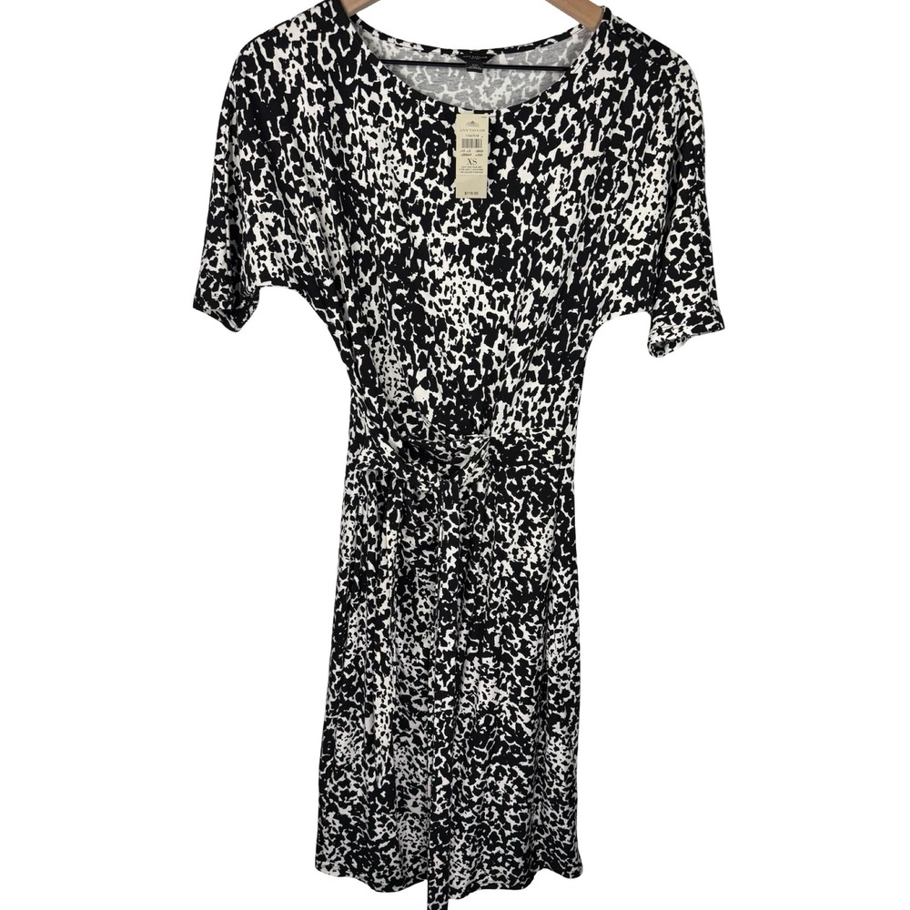 Ann Taylor Womens XS Black White Animal Print Twist Front‎ Sheath Dress NWT